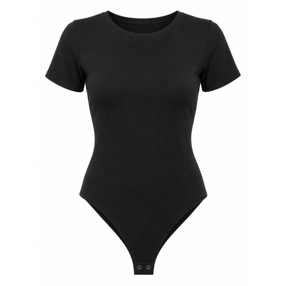 Women's Black Short-Sleeve Crewneck Snap-Crotch Bodysuit